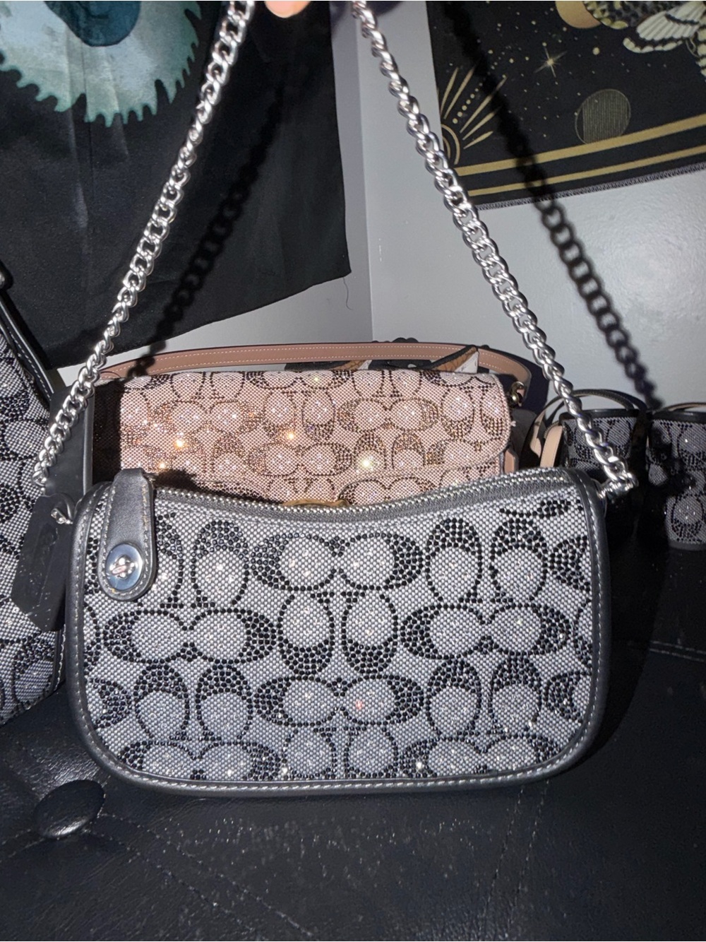 Coach Mini Chain Shoulder Bag in Black & Gray Signature Print